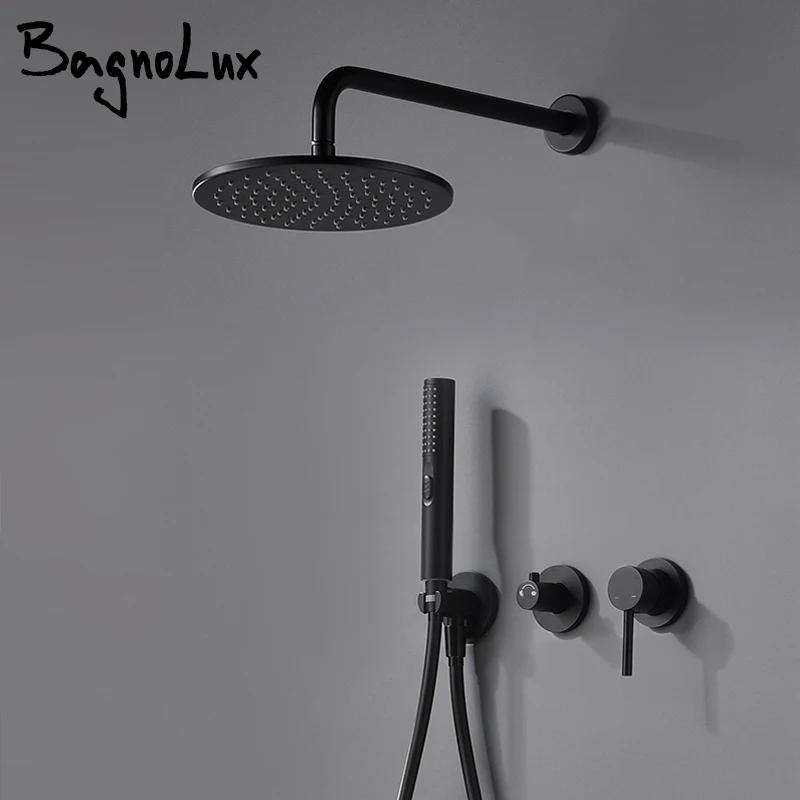 Built-In Shower Mixer Faucet Diverter dengan Outlet Air Holder Bagnolux Hitam Kuningan Hujan Genggam Kepala Set Kamar Mandi