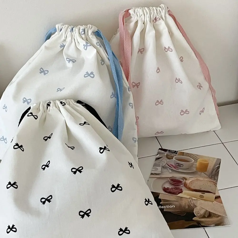 Casual Canvas Bow Print Drawstring Backpack foldable Lightweight Pouch Large Capacity Gym Sack Travel