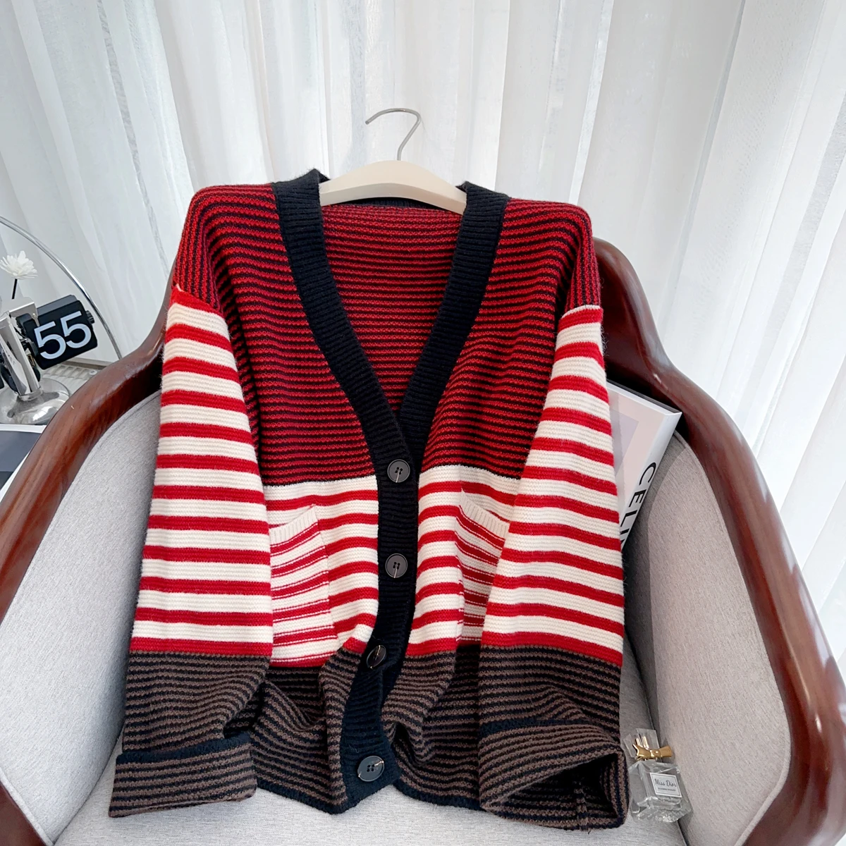 Camisola de malha listrada cardigan feminino com decote em v manga longa casacos soltos jaquetas outono inverno elegante chique moda senhoras jumpers topo