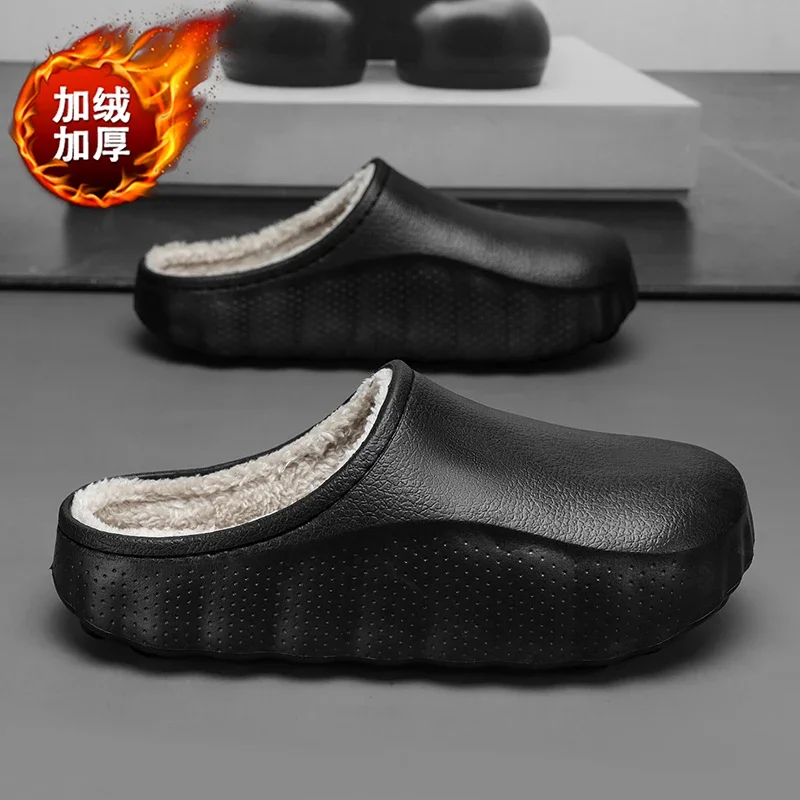 MenWarmFleece Lined Slippers Waterproof EVA Non-slip Chef Work Clogs Winter Thick Sole Anti-oil Kitchen Shoes for Indoor Outdoor