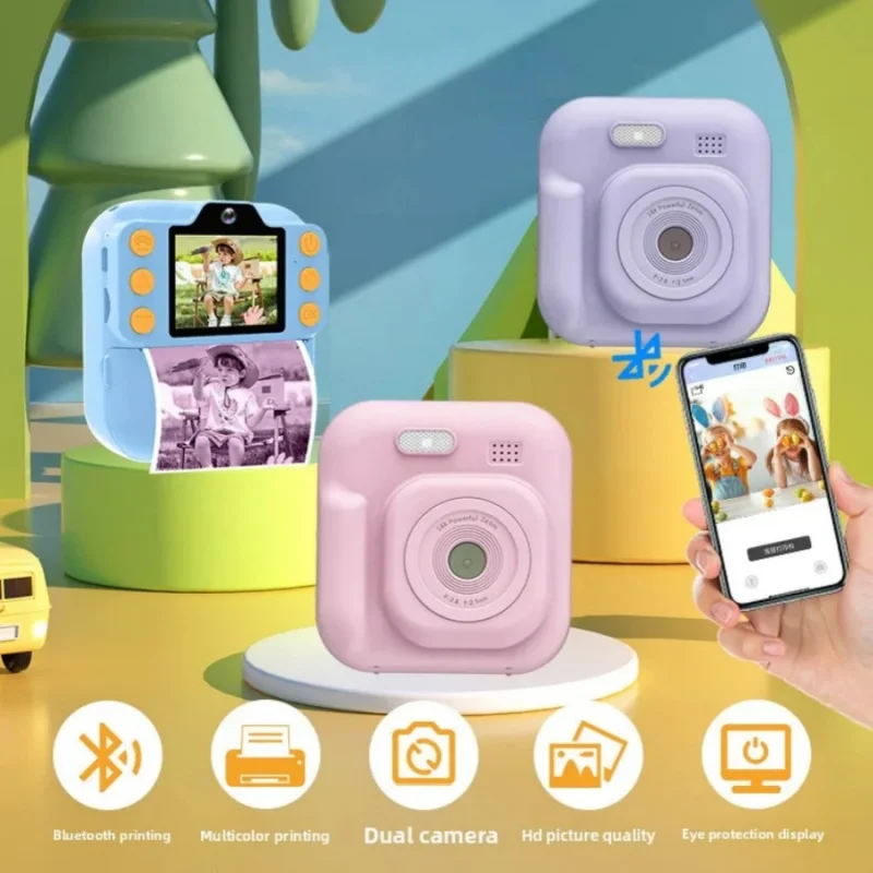Câmera digital infantil Polaroid com impressão instantânea, mini câmera de lente dupla para meninos e meninas, impressora de fotos Bluetooth, MP3.