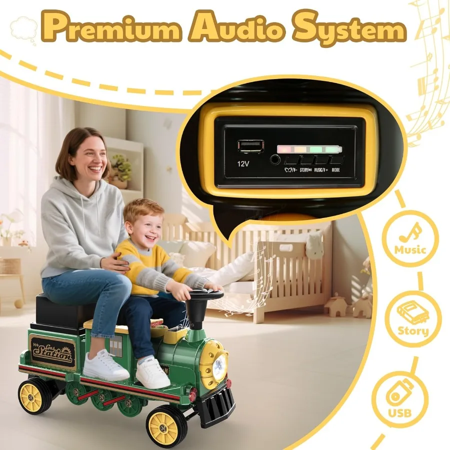 2-Seater Ride On Train Trackless, 12V Kids Car with Height-Adjustable Seat, Extra Storage, Headlight, (Carriage Not Included)