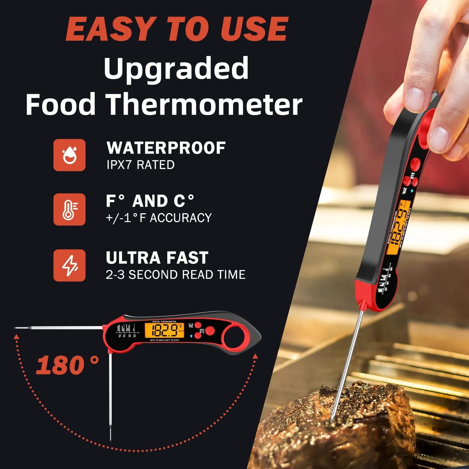 Upgrade Big Digital LCD Food Thermometer Fast Test Measure Beef Meat Temperature Lock 180° Extended Auto Switch IPX7 Waterproof