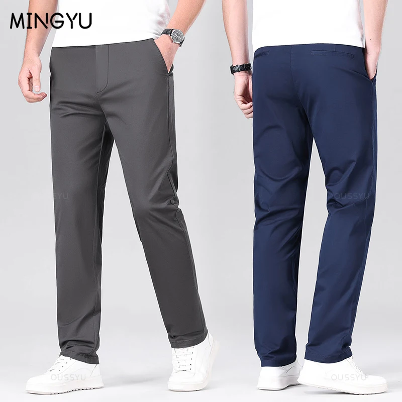 

2024 New Four Seasons 97%Cotton Straight Pants Men Business Grey Blue Casual Formal Office Suit Trousers Male Plus Size 40 42