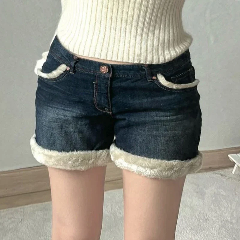 Furry Stitching Low Rise Denim Shorts y2k Streetwear Pockets Straight  Women Autumn Winter All-match Clothing Chic