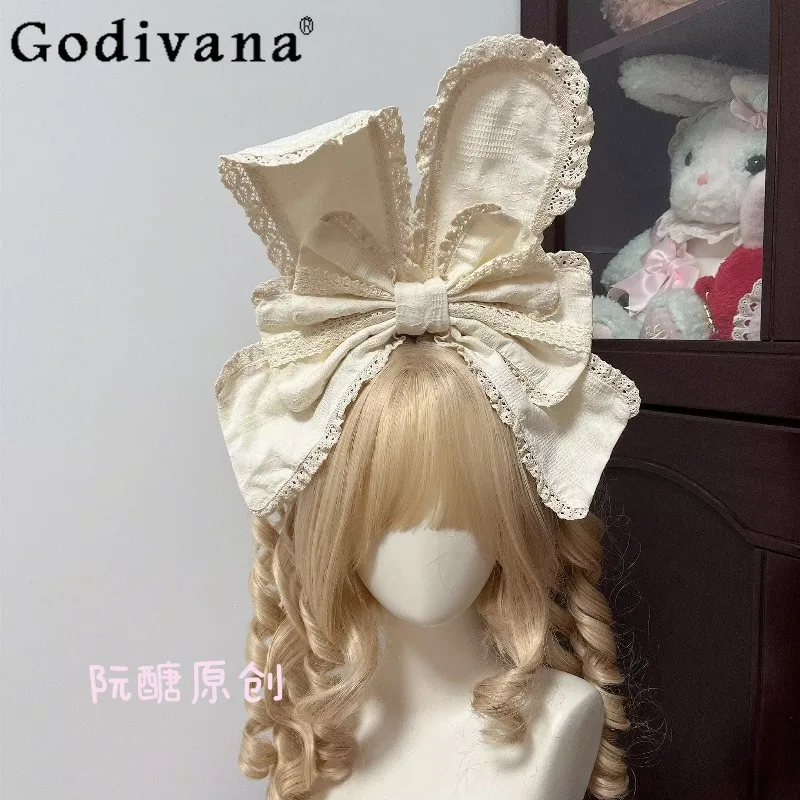 

Japanese Original Lolita Bunny Ear KC Bow Hairband Versatile Vintage Doll Style Small Lace Hair Accessory