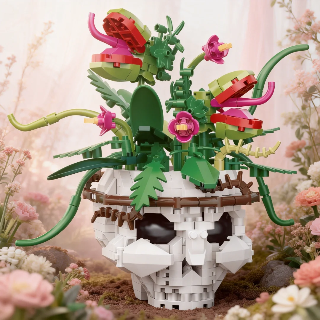 3D-Schädel-Blumen-Rosen-Mikro-Baustein – Einzigartiges Horror-Geschenk für Partys, gruseliges Sammlerstück, unheimliche Halloween-Schreibtischdekoration