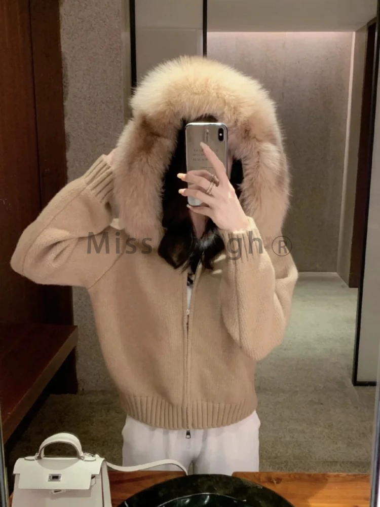 Vintage Hooded Faux Fur Collar Sweater Coat Women 2024 Autumn Winter Lazy Double Zippers Knit Cardigan Solid Casual Short Tops