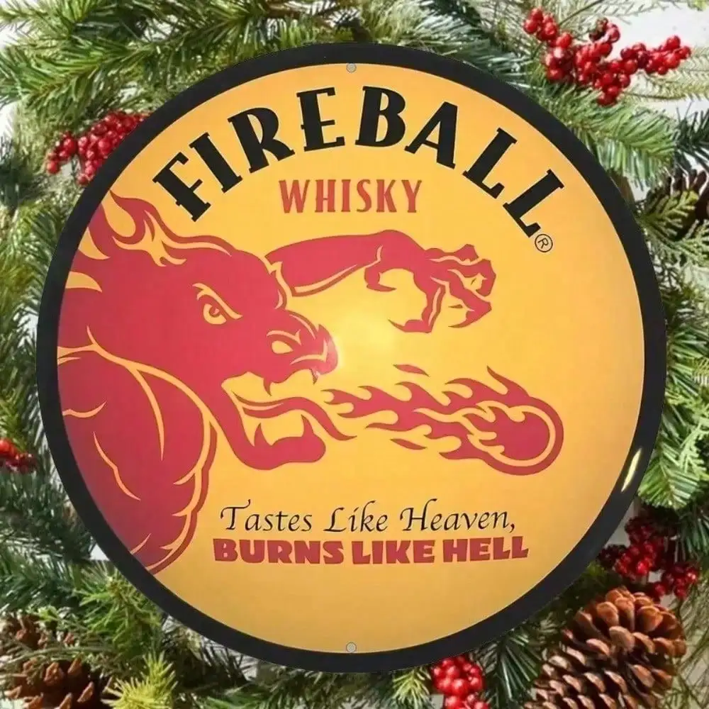 Vintage Fireball Whisky Dragon Round Metal Sign 2D Flat Retro Bar Man Cave Wall Decor
