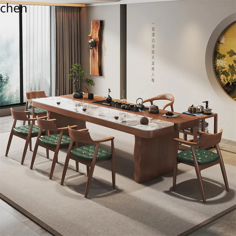 

YFY solid wood large board tea table and chair combination one table five chairs rock slab office household kung fu tea table