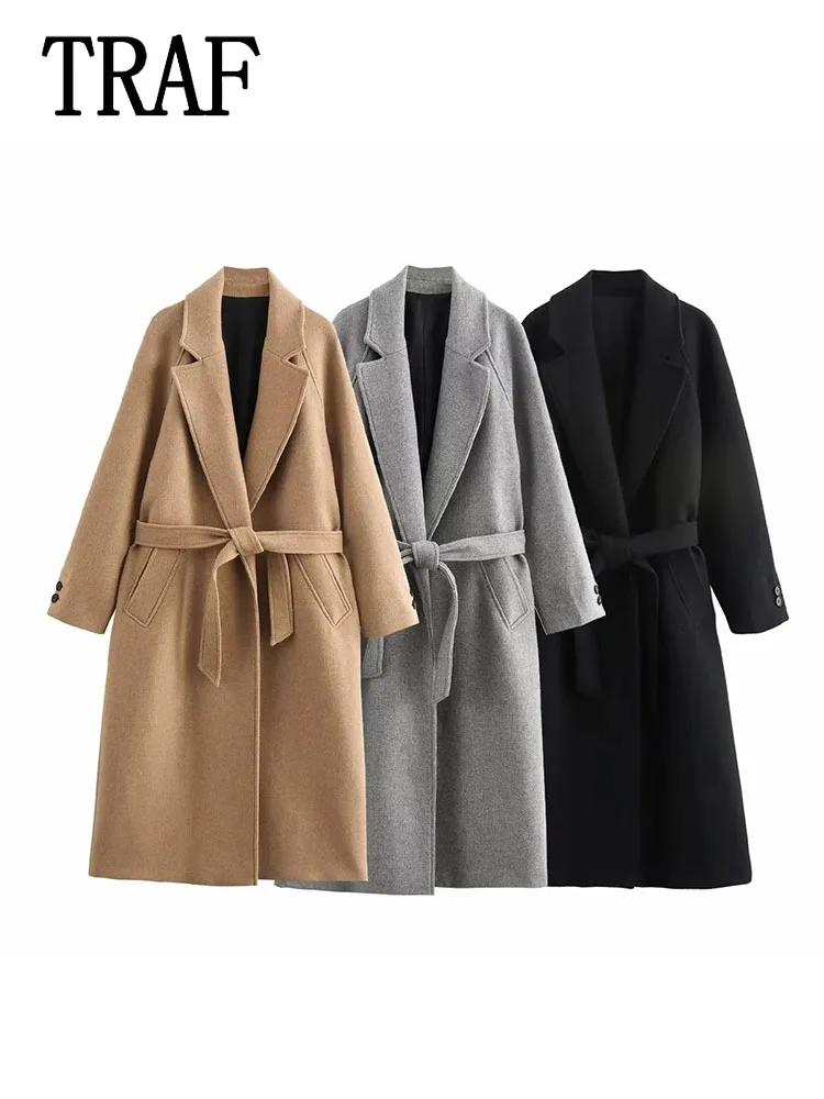 TRAF Women Casual Overcoat Long Sleeve Double Breasted Coat Female Solid Turn-Down Collar Long Coat Women