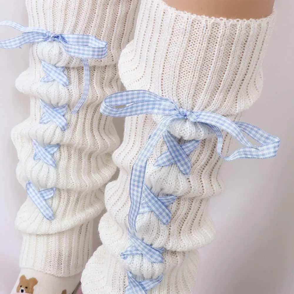 At-Chaussettes élastiques à carreaux pour femmes, couvre-pieds en laine, jambières pour filles, bonneterie Lolita avec protection des genoux, cosplay d'automne