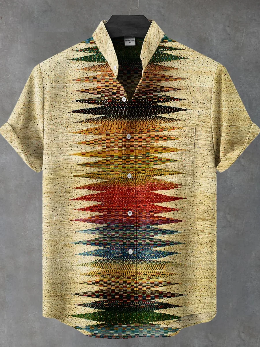 New best-selling men's irregular pattern printed casual street wear, retro linen stand-up collar short-sleeved shirt, fast deliv