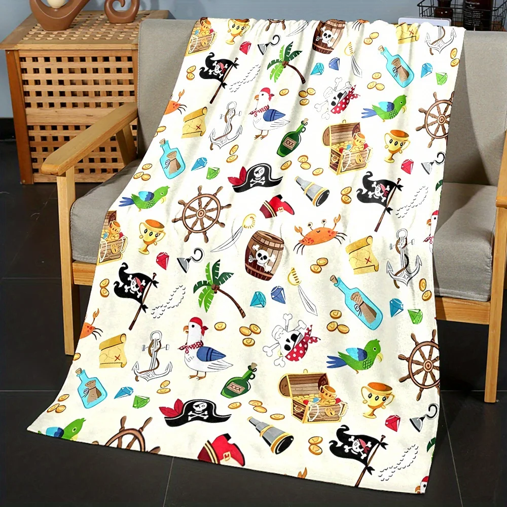 Pirate-Themed Reversible Flannel Throw Blanket – Soft, Cozy, and Vibrant with Ocean Drift Bottle & Pirate Design – Perfect for