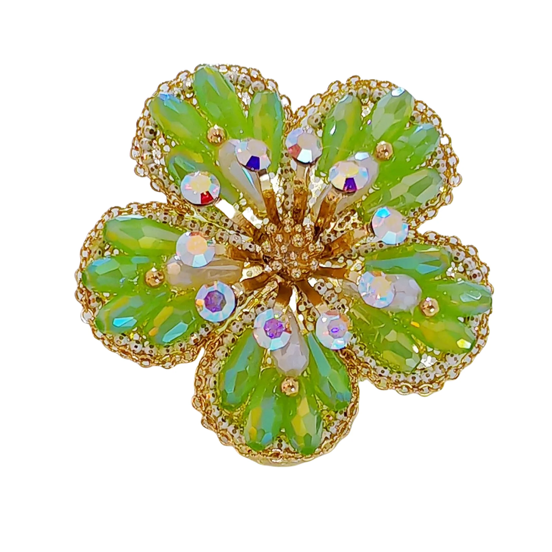 Delightful Gold Tone AB Crystal Accent Green Flower Pins Brooch for Costume Cothes Sweater Coat Special Gift Anniversary Jewelry