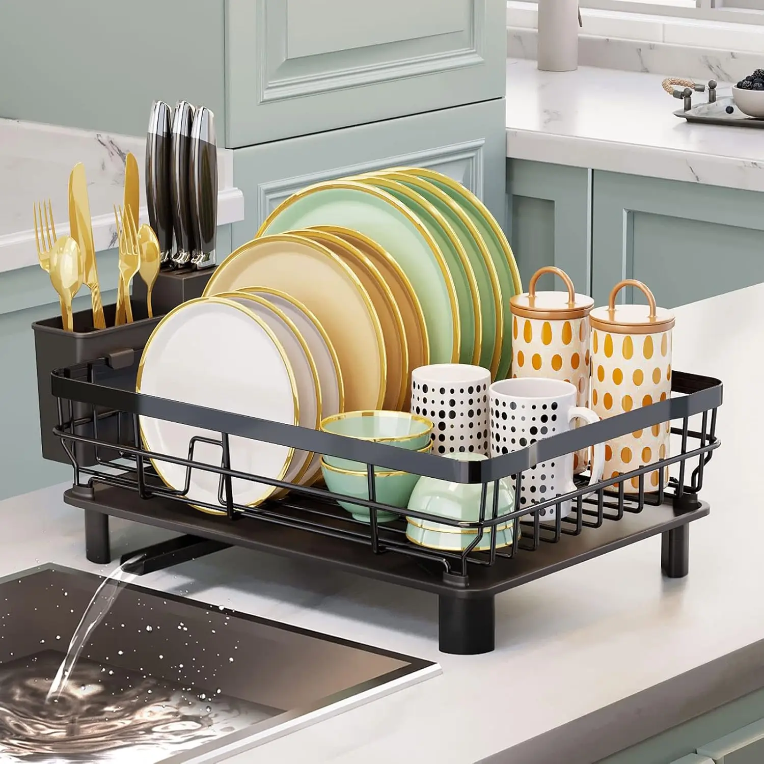 

Extendable Dish Drying Rack with Drainboard, Utensil Holder, and Knife Slots in Black for Kitchen Counter