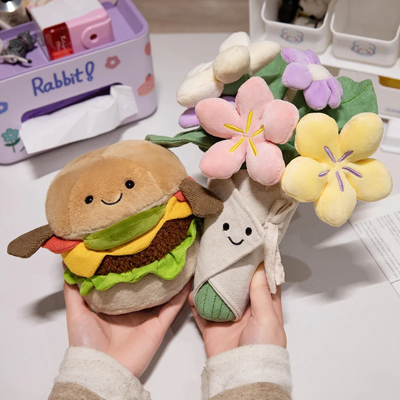 Bonito dos desenhos animados hambúrguer buquê de flores brinquedo de pelúcia comida macia plushie brinquedo feriado presente aniversário para crianças casa loja decoração