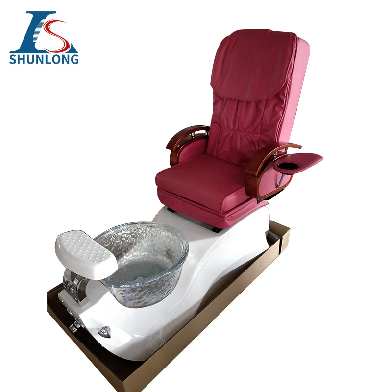 Fuchsia Red Pleated PU Pedicure Spa Chair, Electric Reclining Foot Massage Chair with Iridescent Crystal Glass Foot Basin, Woode
