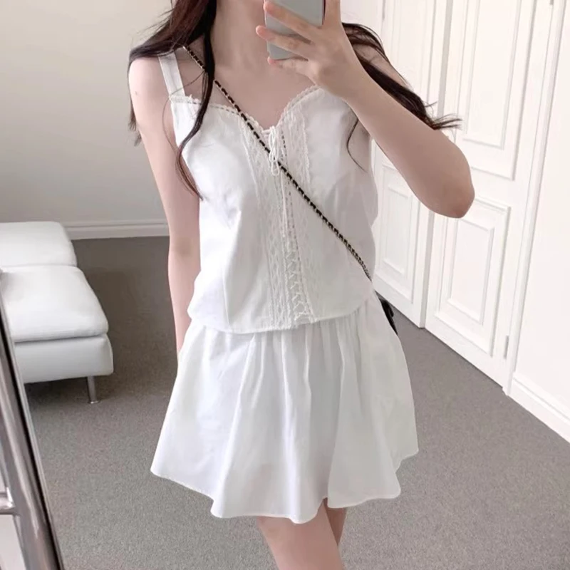 

Ele Summer Нежный жилет с v-образным вырезом и перекрестным ремешком, плиссированная юбка с высокой талией, комплект из двух предметов, модная дышащая одежда