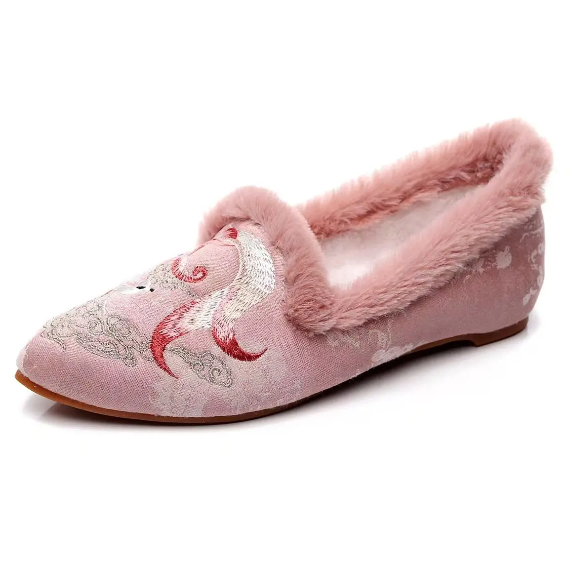 

Winter New Women Shallow Flat Sole Embroidered Cotton Shoes Pointed Toe Slip On Plush Keep Warm Ethnic Style Cheongsam Shoes