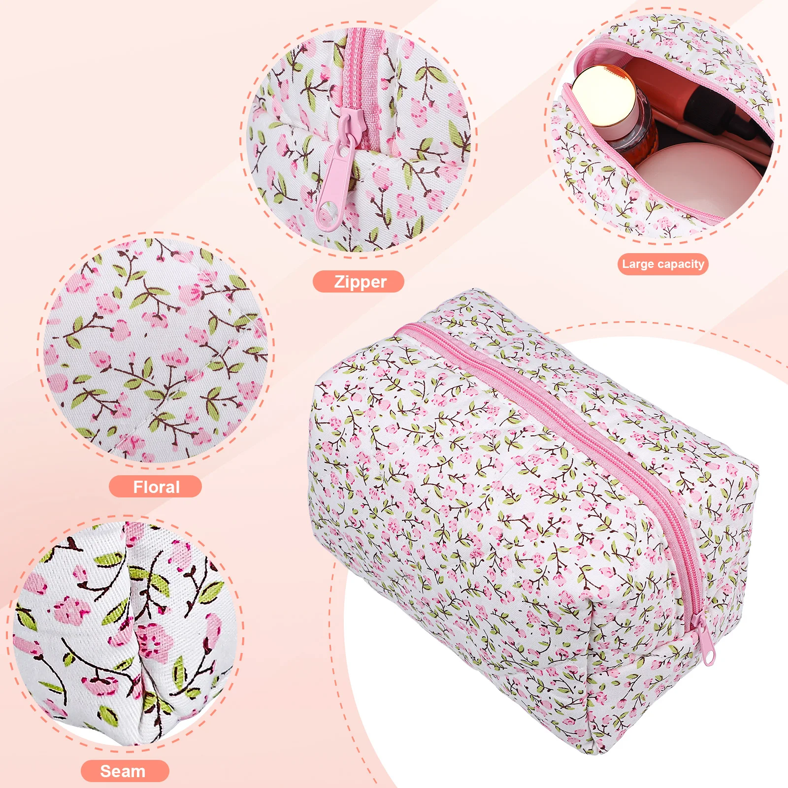 

Floral Bag for Women Lightweight Makeup Organizer with Zipper Travel Pouch Portable Cloth Case for Makeup Brush