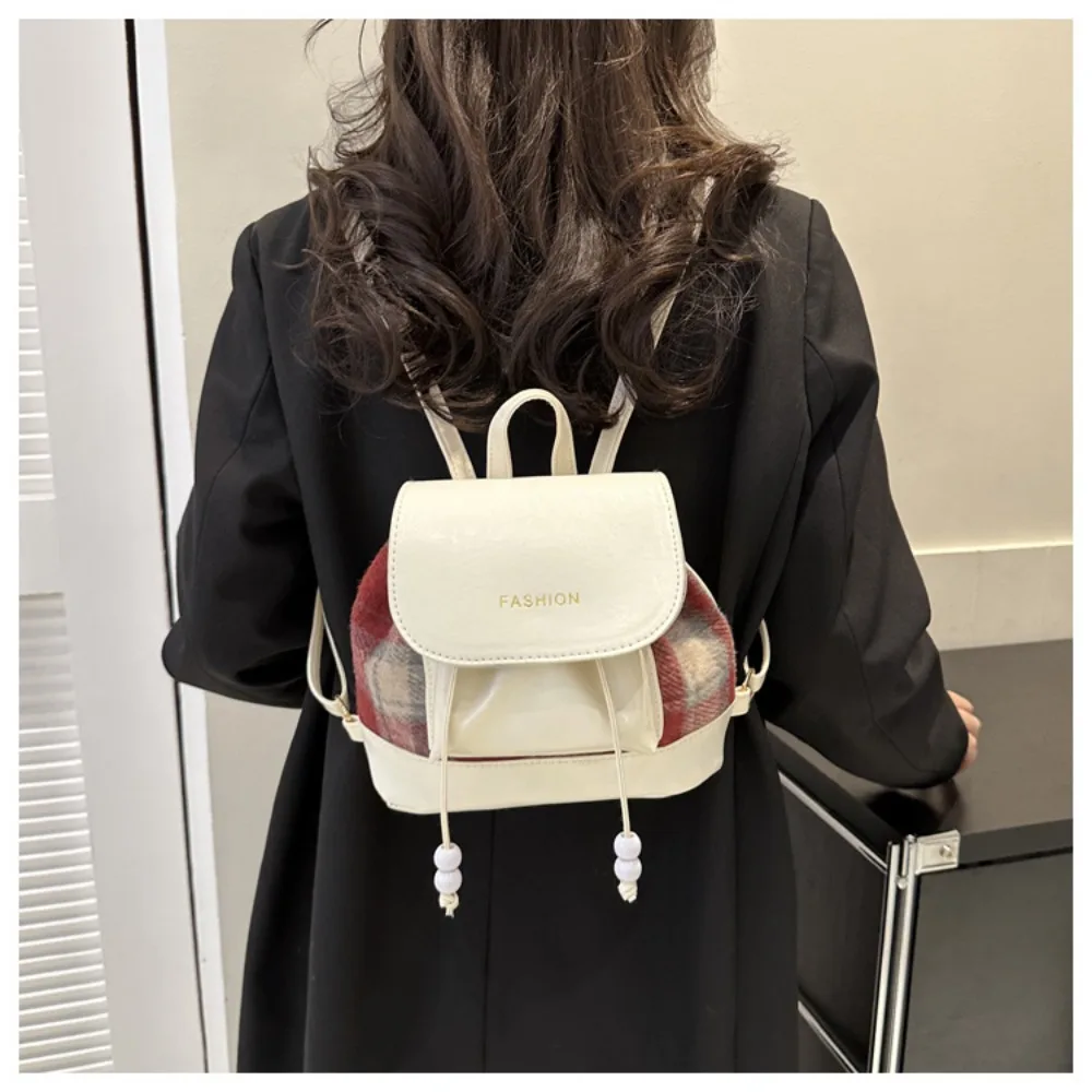 Brand Designer PU Leather and Wool Patchwork Women\'s backpack Casual Drawstring Beading Bucket School Bag Travel Bag