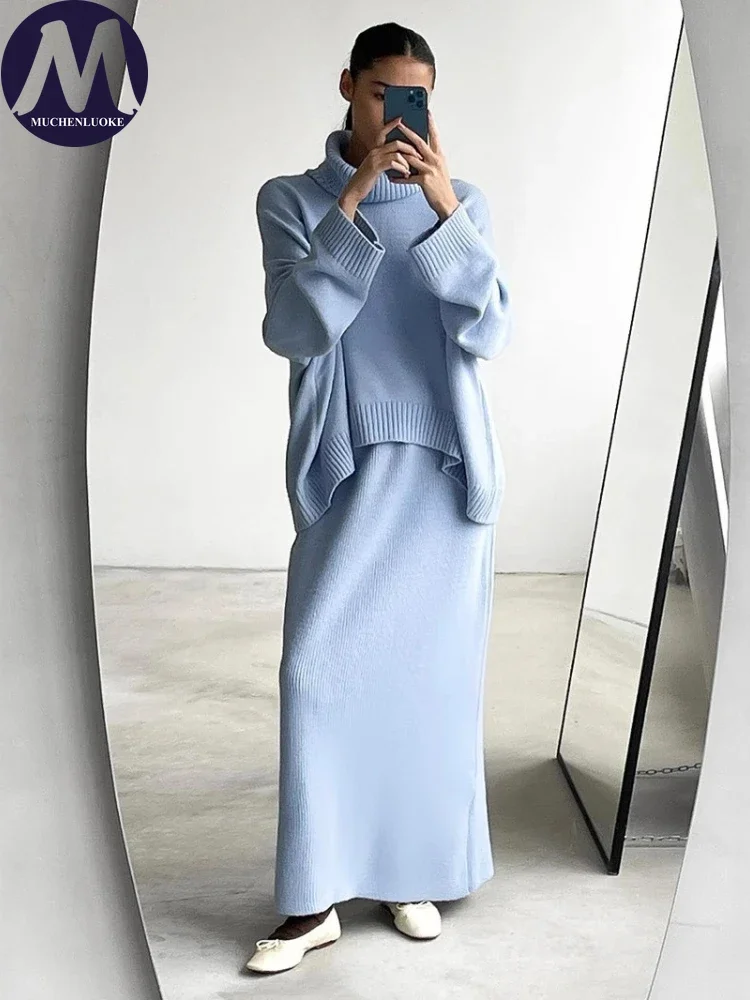 Women's Autumn Winter 2-Piece Set Elegant High Neck Thick Knitted Sweater Top with Fashionable Casual Loose Skirt Ensemble