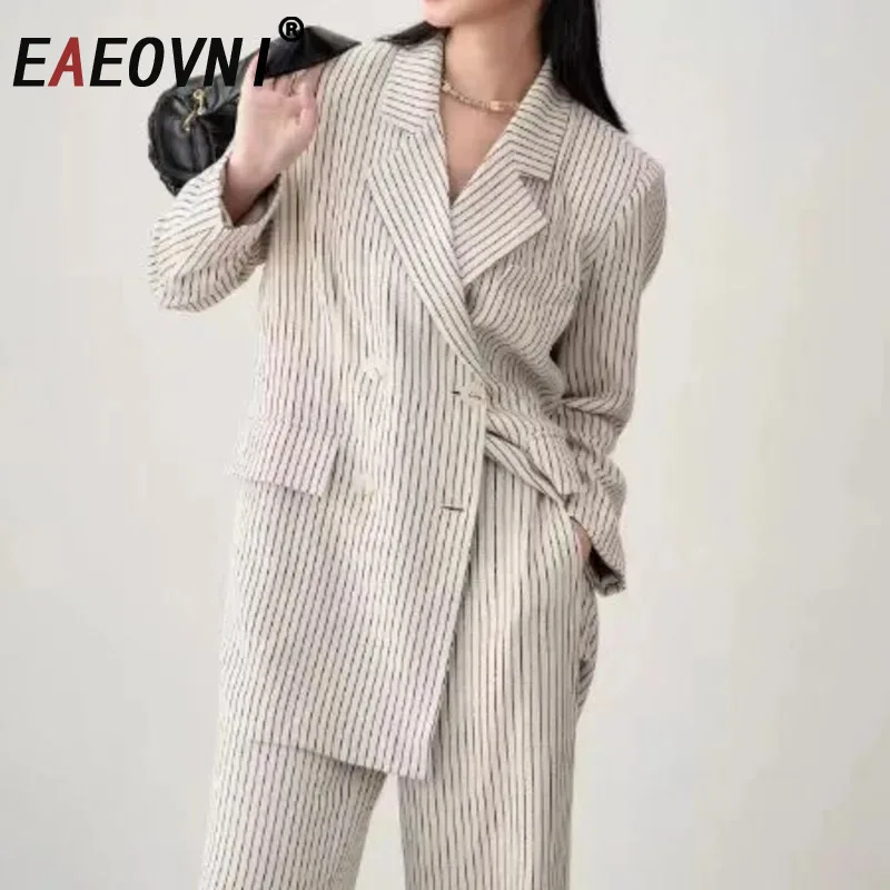 

EAEOVNI Summer Fashion Linen Striped 2 Piece Set For Women Double Breasted Suit Blazer + Mini Shorts Office Lady Clothing 1A1638