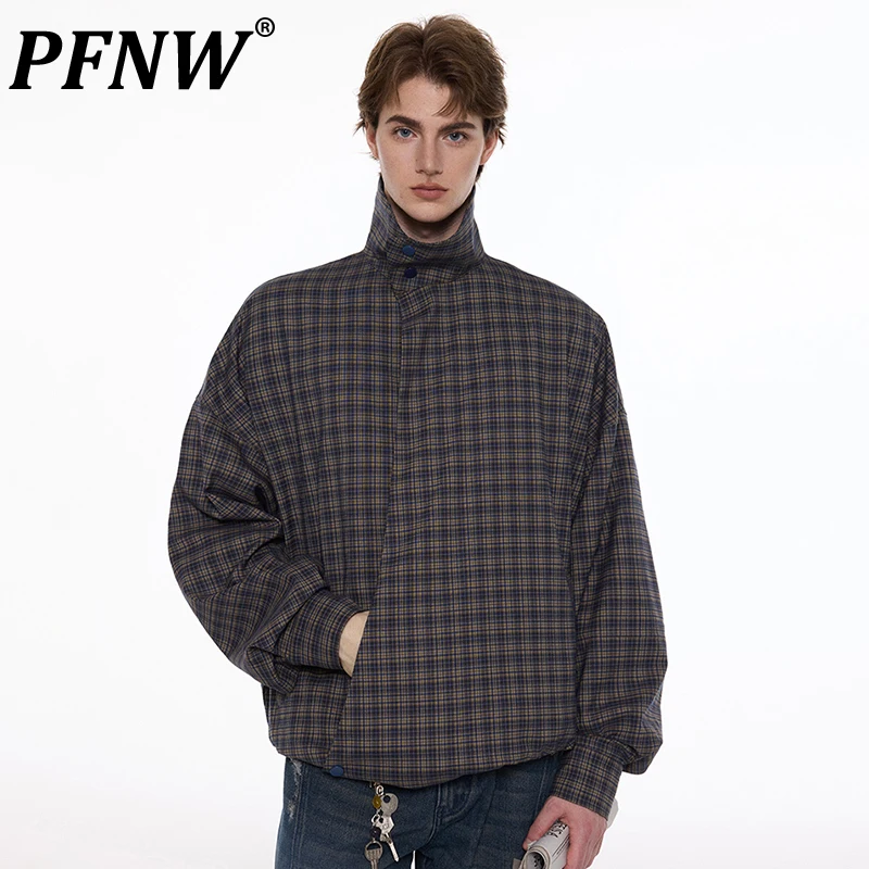 

PFNW Male Commuting Slanting Zipper Design Plaid Jacket New Stand Collar Loose 2024 Autumn Trendy Coats Weaving Men Tops 28W4350