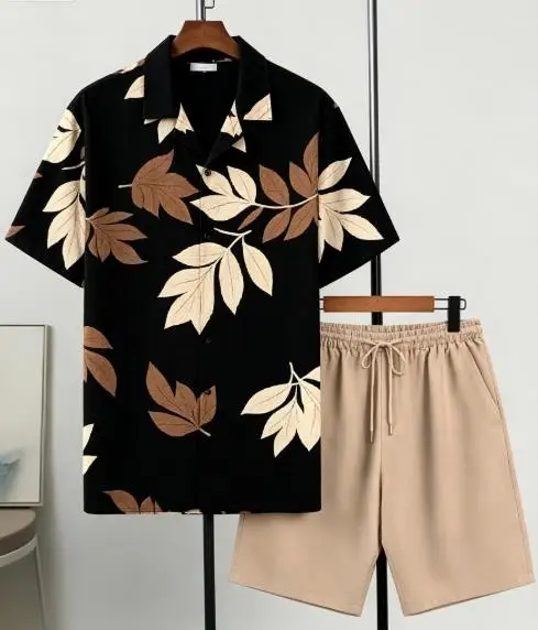 Retro Foliage Botanical Graphic Men Co‑ord Set Turn‑down Collar Button Shirt Elastic Waist Short Pant Vacation Suit