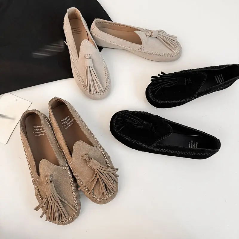 ANOVISHANA Ins Cow Velvet Genuine Leather Women Ballet Flats Slip-On Loafers Fringe Comfy Relaxed Trend Lady By Hand Winter