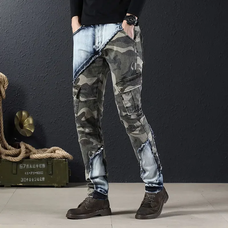 

Splicing Camouflage Jeans for Men Graphic Tapered Male Cowboy Pants with Pockets Trousers 90s Streetwear Stylish Spring Autumn