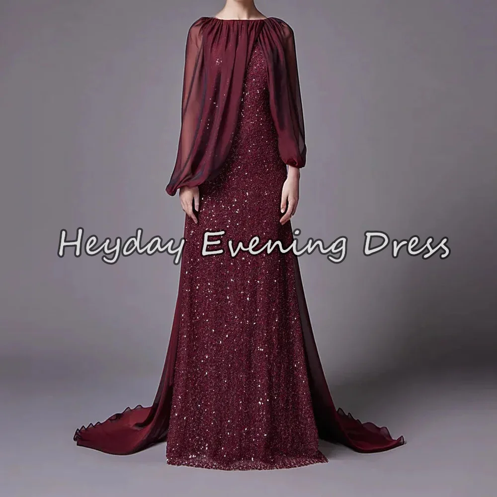 

Heyday Chiffon A-line O-neck Pleats Sequins Floor Length Simple Saudi Evening Party Dresses For Women 2025 With Long Sleeves