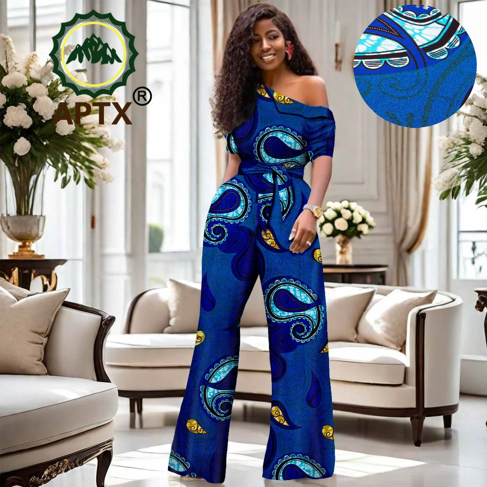 

African Women's Dashiki Printed Skew Collar High Waisted Cotton Jumpsuit Dashiki Fashion One Piece Suit Set