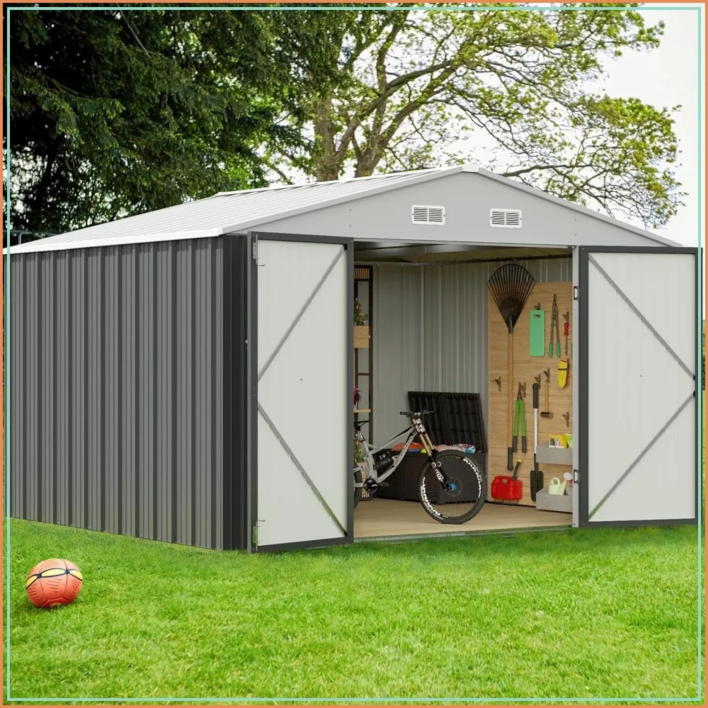 10 x 8 FT Metal Outdoor Storage Shed with Lockable Door Waterproof Tool Shed for Backyard Gray