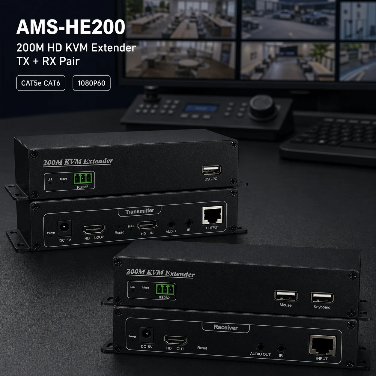 Amoonsky AMS-HE200 200M HD KVM IP Extender over CAT5e CAT6 1080P60 TX RX USB Keyboard Mouse Loop Out One to Many