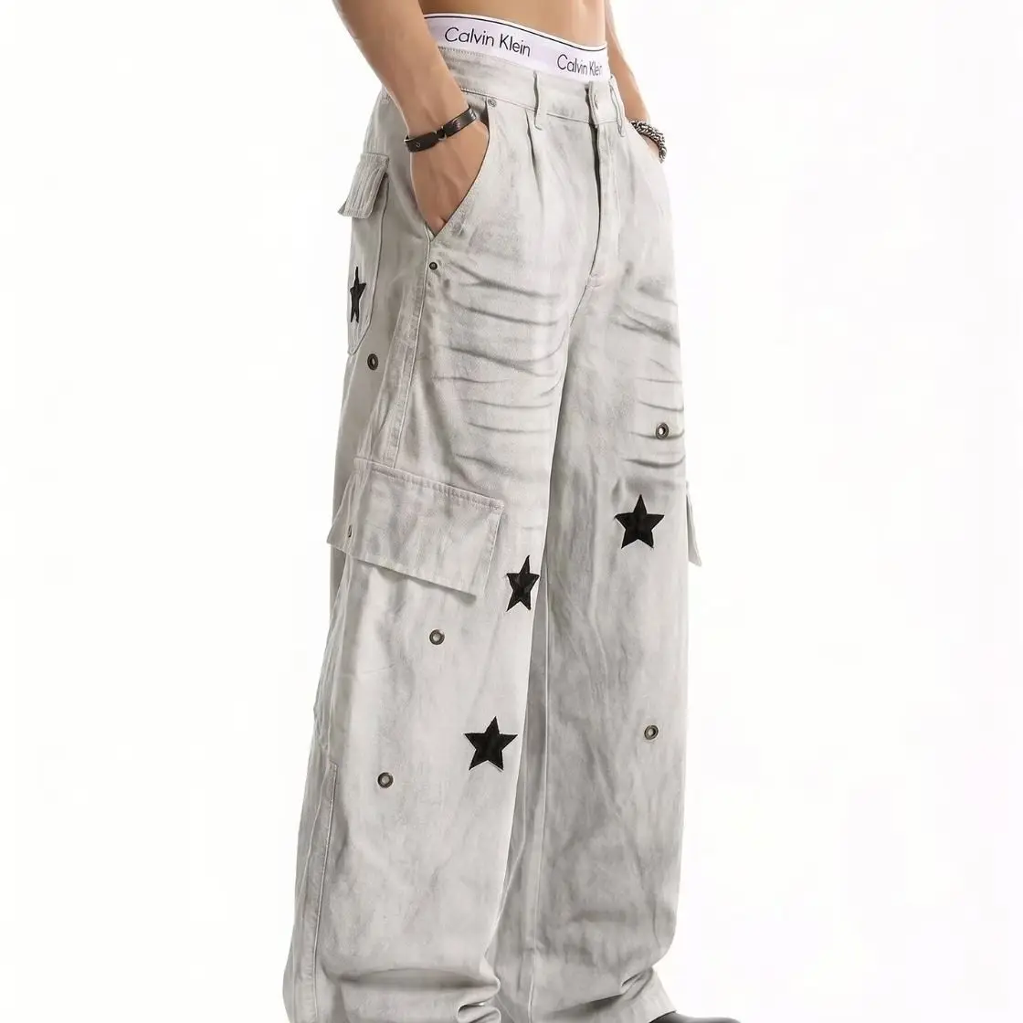 Men's Star Pattern Dirty White Vibe Casual Pants Summer Boy Bottom Wide Legs Sweatpants Male High Waist Unisex Baggy Trousers