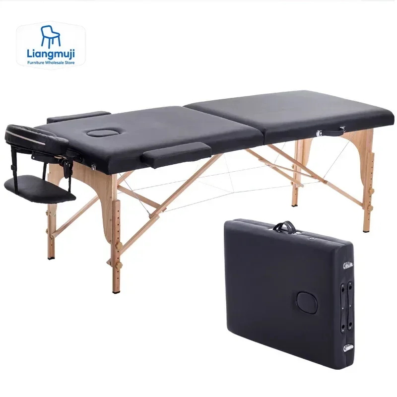 

Massage Table Portable 2 Section Folding Couch Bed Lightweight Beauty Salon Tattoo Therapy Wooden Frame 70 cm width -Black