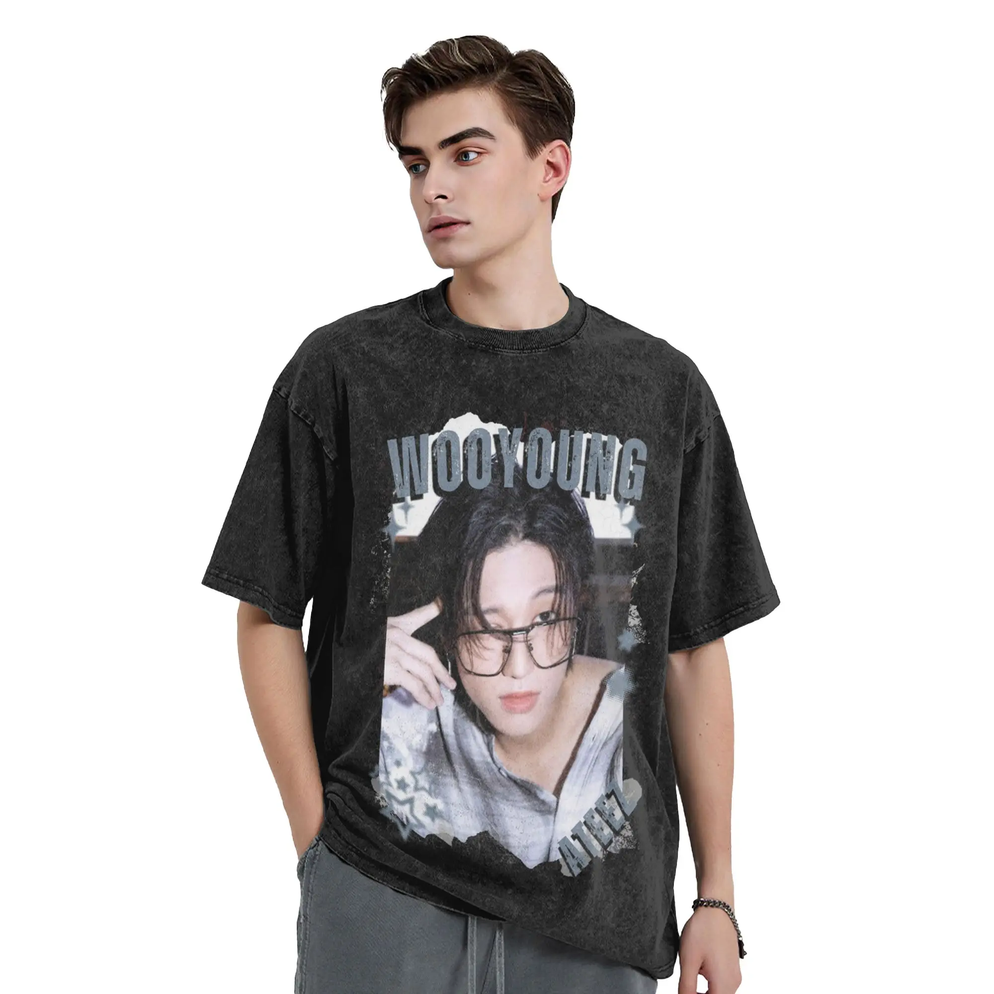 Kpop Boy Group A-Ateez Wooyoung Washed T Shirt Streetwear  Vintage T-Shirt  Tees Men Women 100% Cotton Oversize Printed