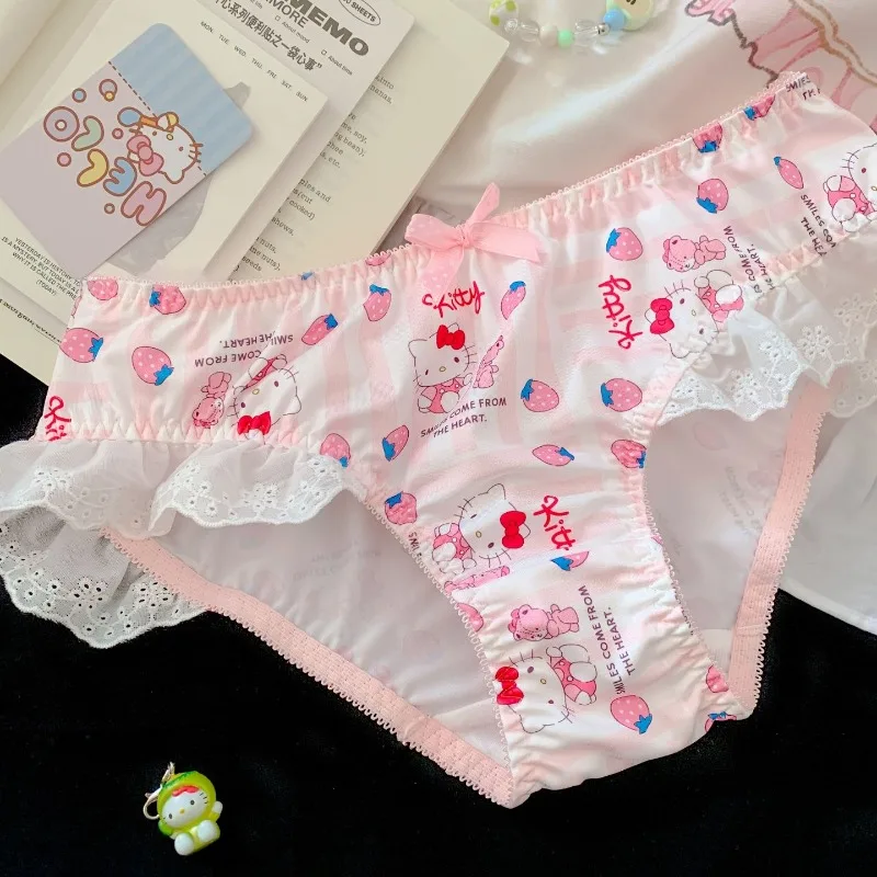 M L XL نمط الرسوم المتحركة مرحبا كيتي مثير لطيف الدانتيل وملابس داخلية حلوة لملابس داخلية مثيرة مثلث الإناث الخصر الأوسط