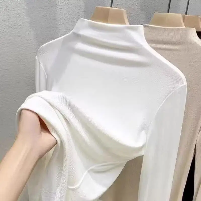 فتاة الخريف الشتاء الصوف مبطن وهمية الرقبة قاعدة طبقة جديدة رشاقته الحد الأدنى البلوز القمم الدفء الذاتي زراعة الملابس الداخلية