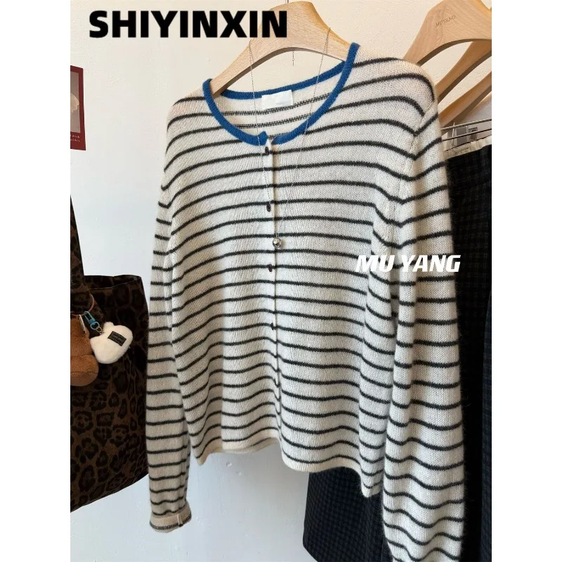 

Модный мягкий полосатый вязаный кардиган с круглым вырезом, повседневный свитер с длинными рукавами, куртка, женский осенне-зимний универсальный топ