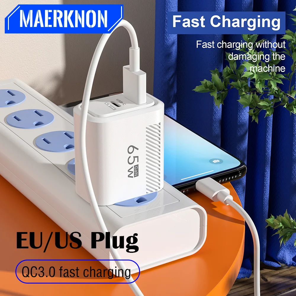 

USB/Type C Mobile Phone Charger EU/US Plug Total 65W GaN Fast Charging QC3.0 Wall Adapter For iPhone 16 Xiaomi 15 Samsung Huawei
