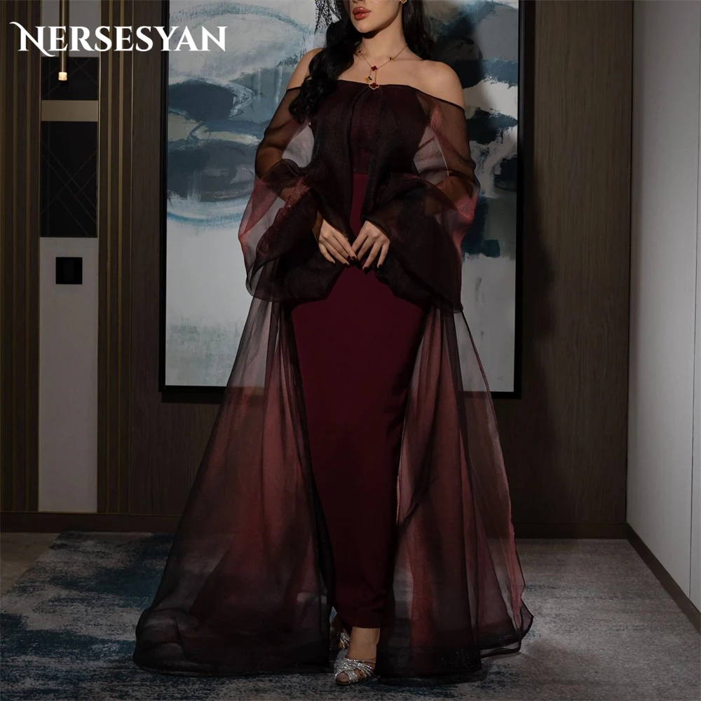 Nersesyan Burgundy Elegant Evening Dresses Bodycon Off Shoulder Puff Sleeves Prom Dress Backless Tulle Train Party Gowns 2024