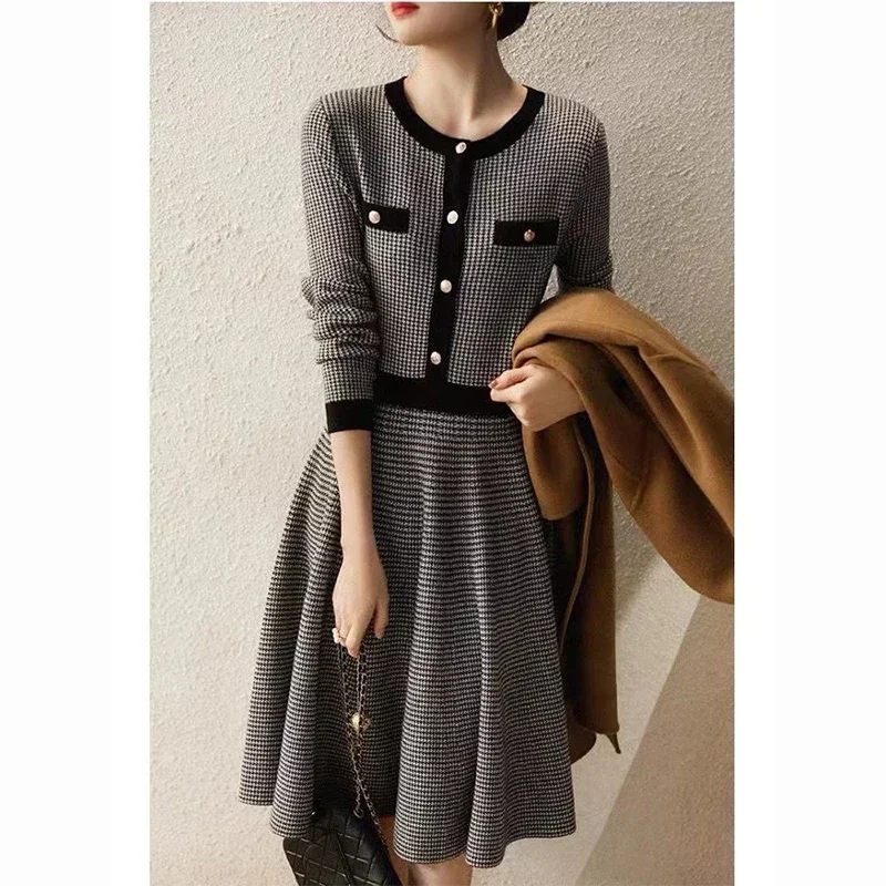 

Autumn Winter New Vintage Houndstooth Elegant Fashion Dress Ladies Slim Temperament Knitting Vestidos De Fiesta Robe Femme J78