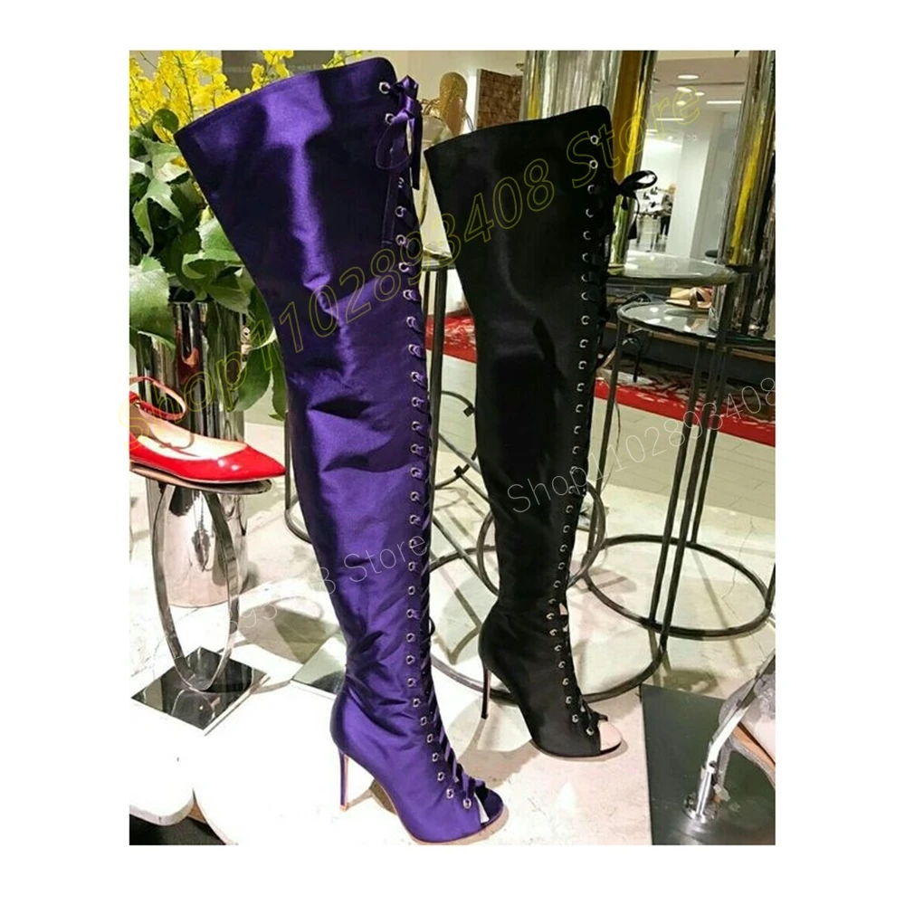 

Purple Satin Cross Tied Peep Toe Over the Knee Boots Stiletto High Heel Fashion Sexy Women Shoes 2024 Summer Zapatos Para Mujere