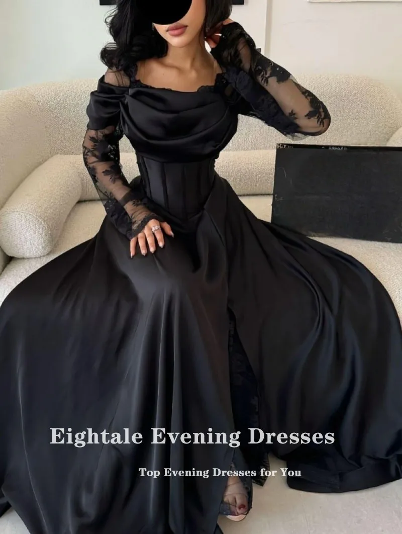 فساتين زفاف عربية Eightale مخصصة قبالة الكتف الدانتيل الأسود طويلة الأكمام الساتان فساتين الزفاف Vestidos De Novia