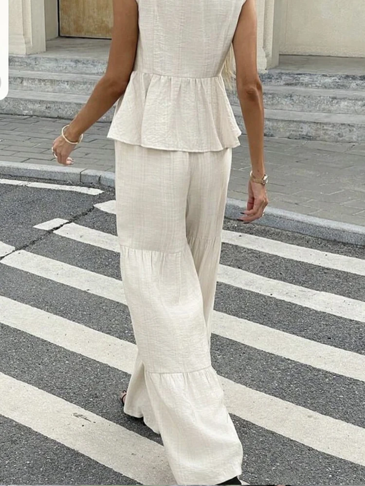 HH أنيقة المرأة الصلبة سترة السراويل مجموعات س الرقبة الدانتيل متابعة أكمام تانك القمم + فضفاض اللف متوهج بنطلون سيدة مكتب الدعاوى