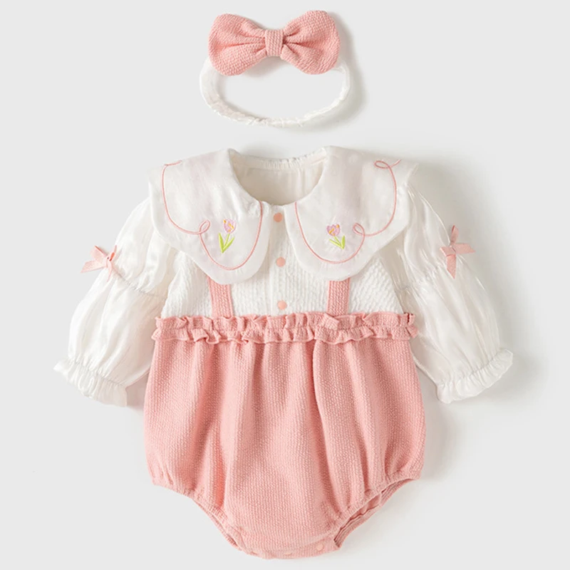 Spring Fall Baby Girl Clothes Korean Cute Bow Doll Collar Long Sleeve Newborn Bodysuit+Hair Band Toddler Boutique Clothing BC319