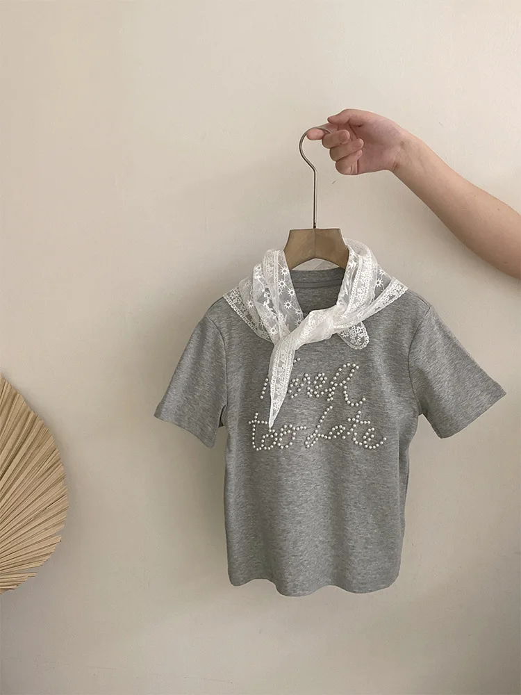 الفتيات لؤلؤة رسالة قصيرة الأكمام TT-shirt2025تصميم متعدد الاستخدامات فضفاض عارضة الجينز قطعتين مجموعة العصرية